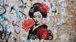 © Luthfi - Street art graffiti of a traditional Japanese geisha with cherry blossoms on brick wall