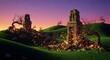 © Paul - Ancient stone ruins sit atop rolling emerald hills under a violet twilight sky, where floating orbs of light dance among gnarled trees, ruins, magic, outdoor
