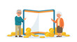 © Aditya - Senior Couple with Giant Open Book and Gold Coins for Retirement Financial Planning Concept Vector Illustration