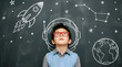 © Fahmi87 - Young boy wearing glasses looking up dreaming of becoming an astronaut with space chalk drawings on blackboard