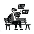 © Irwan - A digital nomad sitting on a park bench wearing a spatial computing headset, interacting with three floating virtual screens, cinematic outdoor lighting rendered in black and white, bold shapes,