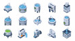 © Dan - Set of isometric industrial tanks and containers filled with blue liquid and green substance.