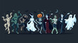 © Bambang - Classic Horror Monsters Dancing in Flat Design Style, Including Mummy, Creature, Werewolf, Bride, Skeleton, Vampire, Zombie, and Ghost, on Dark Background with Moon and Stars