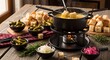 ©  DreamGenix - Delicious cheese fondue dinner with bread and side dishes on a wooden table. wooden table fondue display