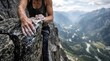 © thom - Close-up of climber hands gripping rock cliff above mountain valley