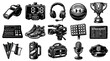 © 21graphic - Black and White Sports and Media Icons: Whistle, Timer, Headphones, Basketball, Trophy, Camera, Sneakers
