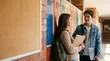 © velikiyzayats - Two teenage high school students talking in a school hallway by colorful lockers, smiling girl and boy with backpacks and notebooks, education and friendship concept