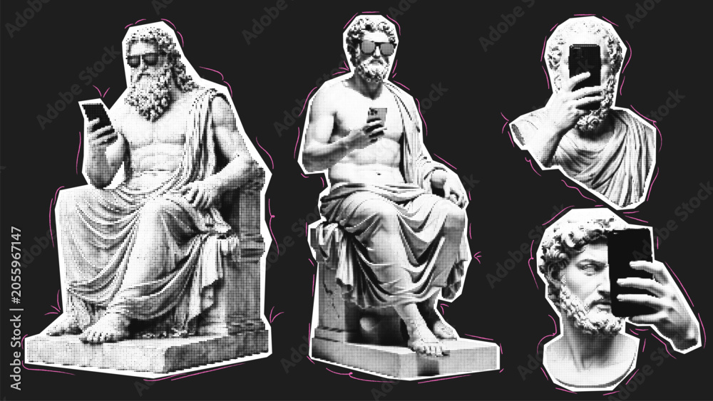 Halftone collage classical statue collection with surreal retro pop art ...