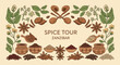 © Brendon - Illustration of Zanzibar spice tour featuring star anise, cinnamon sticks, cloves, and peppercorns in ceramic bowls with botanical leaves and wooden spoons on a beige background.