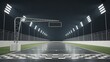 © picbox - Racing track and checked finish line with steel gate and floodlights illuminated sport stadium at night. Professional digital 3d illustration of racing sports.