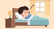 © Rho - Vector illustration of a cute chibi boy with brown hair sleeping in a wooden bed under a blue blanket, featuring a nightstand with a lamp and a window with yellow curtains.