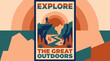 © Galih - Vintage adventure poster illustration of a hiker on a cliff with the text explore the great outdoors, perfect for travel promotion, home decor and outdoor branding