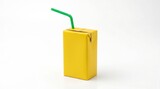 Bright yellow juice box with green straw on white background minimal design