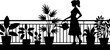 © sujata - Black silhouette vector illustration of a woman watering potted plants on an apartment balcony garden terrace with a railing, isolated on a white background.