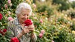 © Sophia - Smiling senior woman smelling a red rose in a sunny summer garden