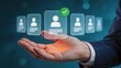 © SceneStockHub - Businessman hand presenting selected user profile with green checkmark, recruitment, hiring, candidate selection, human resources management concept.
