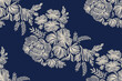 © Wita Pixs - Vintage floral ethnic tapestry modern embroidery texture boho design vector illustration hand drawn silhouette indigo blue flower motif branches leaves wallpaper seamless background border