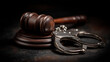 © KotBaton - Wooden judge gavel beside handcuffs on a dark background, symbolizing criminal law, justice enforcement, legal consequences, arrest procedures, court decisions, crime investigation, and public safety.