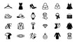 © Kulsum - Fashion luxury clothes and lifestyle accessories icon set with dress jacket shoes handbag watch diamond outline vector illustration