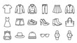 © Kulsum - Fashion apparel and accessories line icon set featuring clothes shoes dress bag watch sunglasses vector outline illustration