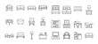 © Momotaj - Hotel room furniture linear icons set includes beds chairs and tables.