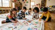 © Alva - Diverse group of young children happily drawing and coloring together on a large paper roll in a bright classroom setting, fostering creativity and collaboration.