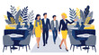© Arno - Group of people walking through restaurant with foliage decoration and blue booths while wearing yellow dresses and formal suits.