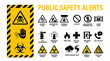 © Rama - A comprehensive collection of public safety warning icons, including hazard symbols and emergency procedure signs