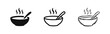 © drawing lines - Hot soup bowl with spoon icon set. Steaming meal symbol for food, restaurant, and warmth, in solid, outline, and hand-drawn styles.