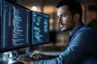 © Sach - Focused male software developer writing complex code on dual monitors at night in a modern dimly lit office space