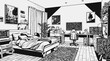 © Diki - Modern gaming room and cozy bedroom interior illustration in detailed black and white line art style for coloring book or background design