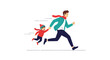 © Liam - Father and young child running joyfully together in winter clothing wearing warm jackets scarves and hats for an active outdoor activity.
