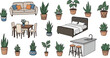 © Rawzatun - Hand drawn furniture and houseplant collection featuring sofa bed dining set kitchen island and various potted indoor greenery elements