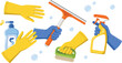 © MdGohurul - Cleaning Supplies Vector Set with Squeegee Spray Bottle Soap and Rubber Gloved Hands for Housekeeping and Janitorial Service Designs