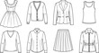 © Md Atiar Rahman - Women fashion clothing technical flat sketches set featuring dress blazer jacket shirt skirt and cardigan apparel design templates