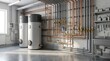 © mrrnill - Industrial hot water heating system setup with large metal boilers and copper piping installed in modern plant utility room showing advanced mechanical infrastructure.