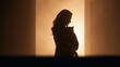 © Bonsales - Woman holding a cat, her silhouette framed by warm golden light in an interior doorway, concept of love and comfort