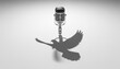 © Md - Silver retro microphone casting shadow of bird taking flight on plain white surface.