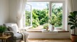 © MAMUN - Cozy living room with open windows looking out into a bright and sunny green garden in the summer