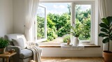 Cozy living room with open windows looking out into a bright and sunny green garden in the summer