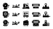 © Asset Aura - Vintage electromagnetism and telegraph icons set, 15 black solid vector symbols of morse code keys, electric bells, relays and industrial magnets