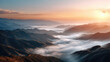 © syhin_stas - Rolling mountain ranges stretching into the horizon, enveloped by soft, drifting fog and mist under a pastel morning sky, creating a peaceful and expansive natural vista