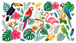 © Amir - Tropical birds and flowers including flamingo parrot toucan.