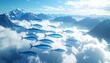 © Gomastudio - 雲海広がる雄大な雪山の上空を優雅に飛ぶメタリックなアジの群れの幻想的な光景