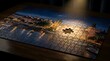 © AI PIC - Incomplete jigsaw puzzle of cityscape on wooden table at night