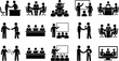 © Rezia - Business meeting conference presentation and corporate training stick figure pictogram silhouette icon set vector illustration