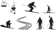 © PNG- - Set of black silhouettes featuring winter sports enthusiasts skiing and riding a ski lift isolated on white background.