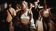 © jobim - A gritty 90s style street photo of a young woman walking at night with a group, vintage flash photography look, the girl in front is crying subtly but trying to hold it together, raw and emotional atm
