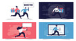 © Montaha - Marketing strategy concept with business people running with gift boxes and signs to reach customers through digital platforms.