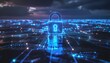 © LyaaArtWorks - glowing cyber padlock rising above a digital network security landscape
